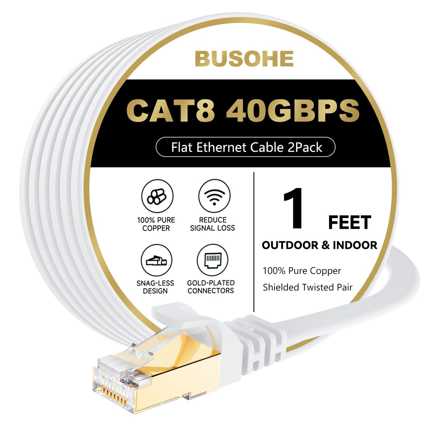 BUSOHE Cat 8 Ethernet Cable 1 FT 2Pack, 40Gbps 2000Mhz High Speed Flat Cat8 Cable Patch Cord with Gold-Plated RJ45 Connector, LAN Network Internet Cable for Router/Gaming/Computer, S/FTP