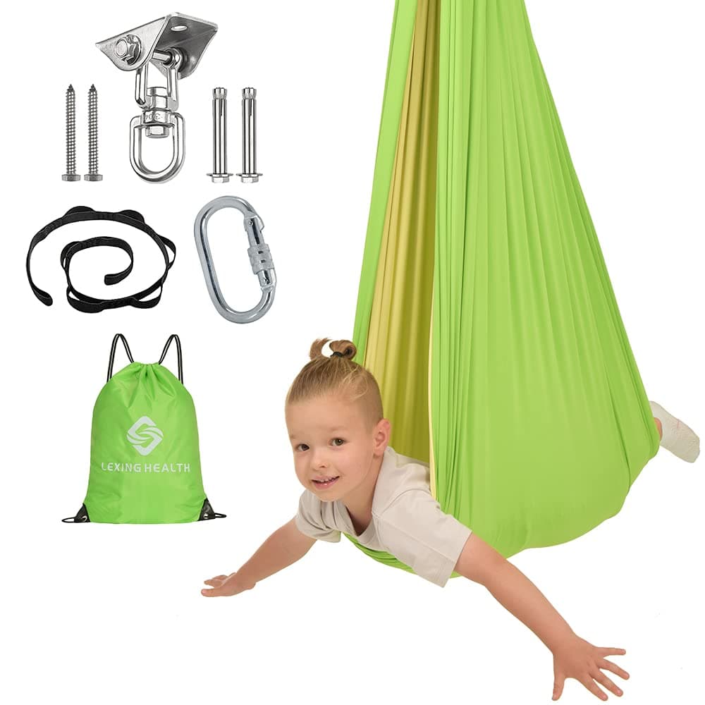 Indoor Swing for Kids (360° Swivel Hanging Kit Included) - Sensory Swing for Kids with Autism, ADHD, Aspergers - Double Layer Reversible & Adjustable Therapy Swing for Calming & Relaxing