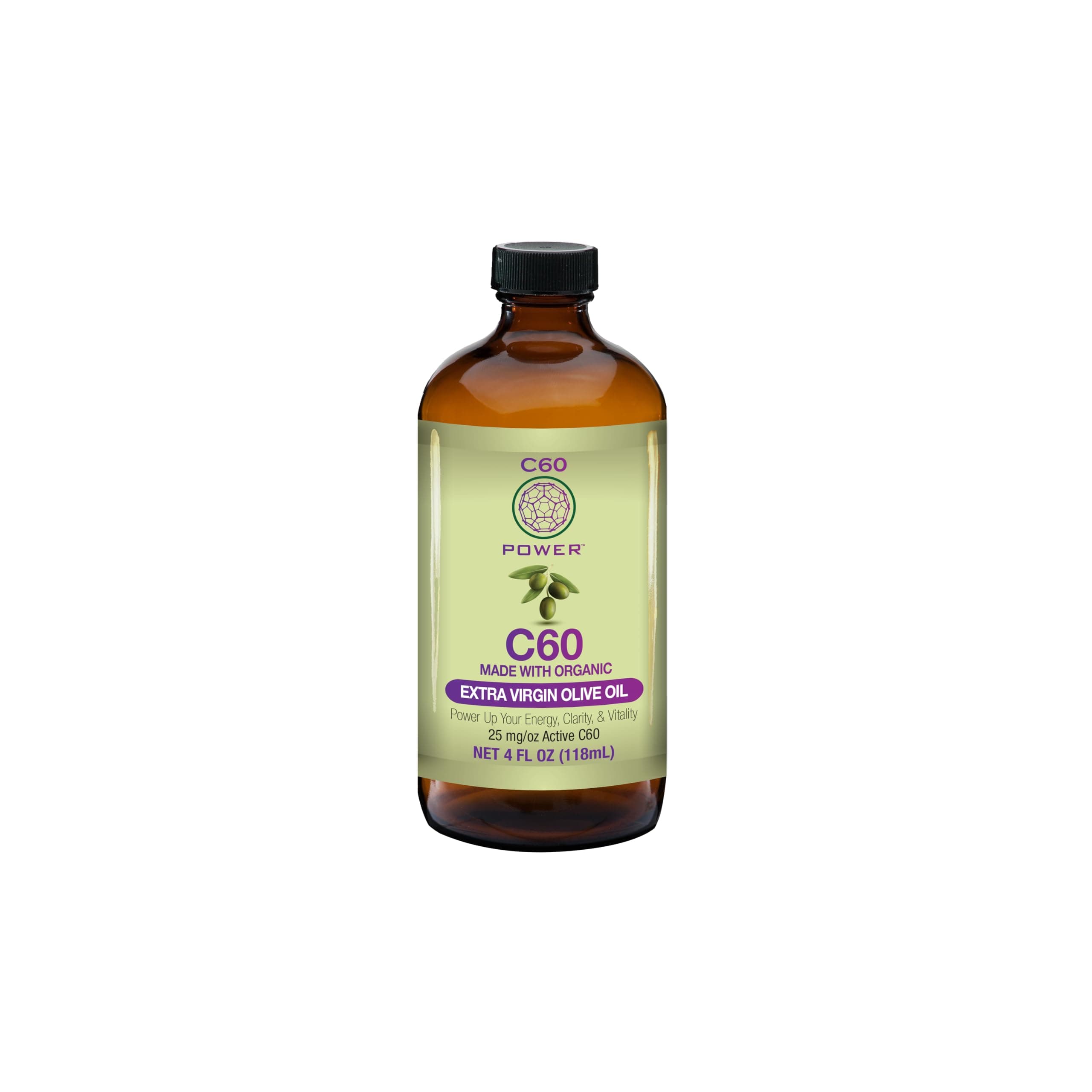 C60 Power C60 in Organic Extra Virgin Olive Oil - Natural Wellness & Antioxidant Support for Men & Women, 99.99% Pure Carbon Fullerenes, Promotes Energy, Mental Clarity, & Stamina - 4 fl oz Bottle