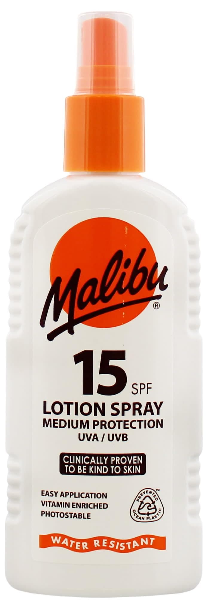 Malibu Sun SPF 15 Lotion Spray, Medium Protection Sun Cream, Water Resistant, Vitamin Enriched, 200ml