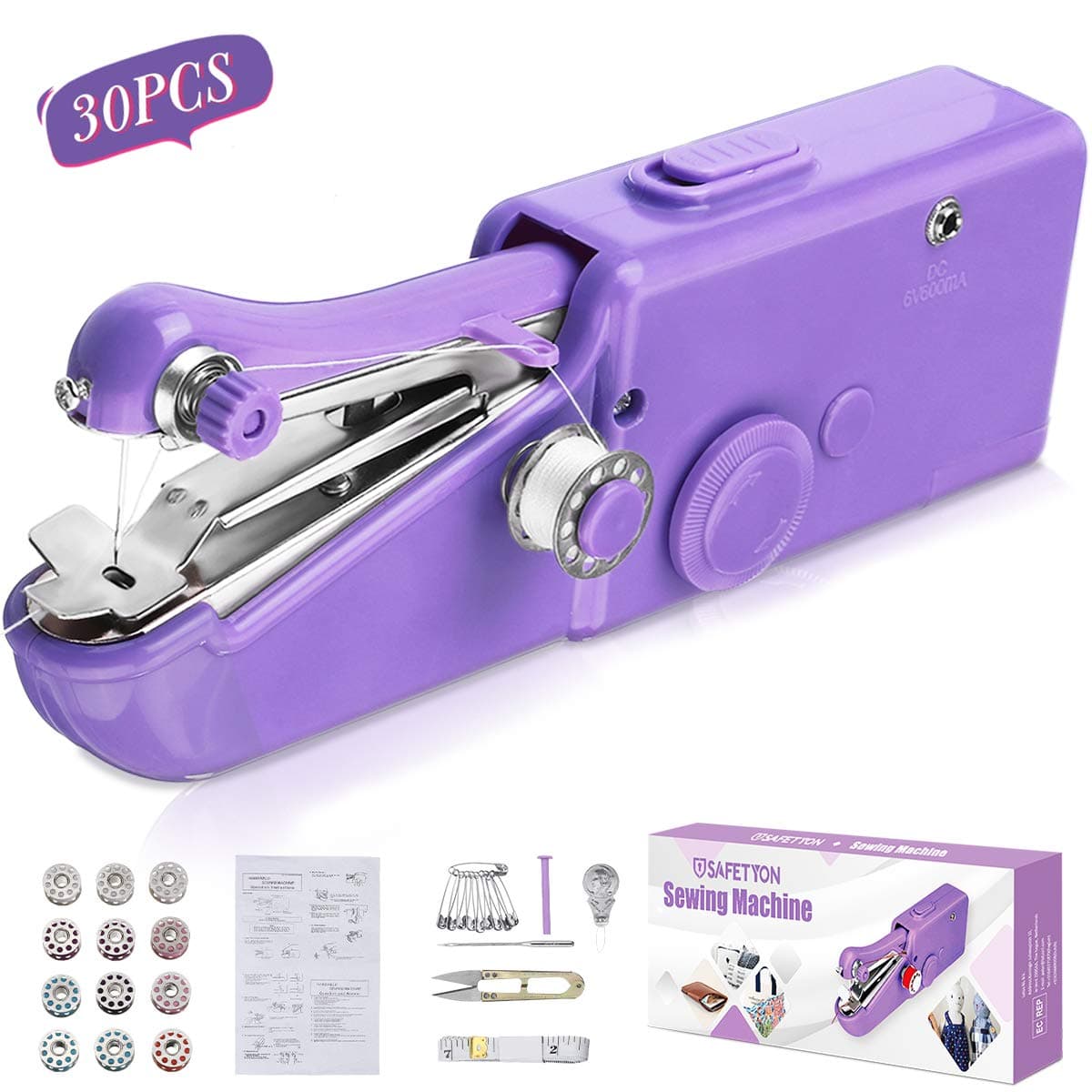 SAFETYON Sewing Machine 30 Pieces, Mini Hand Sewing Machine Portable Electric Handheld Sewing Machine Convenient Quick Sewing Machine Suitable for Fast Sewing DIY Household Travel, Purple