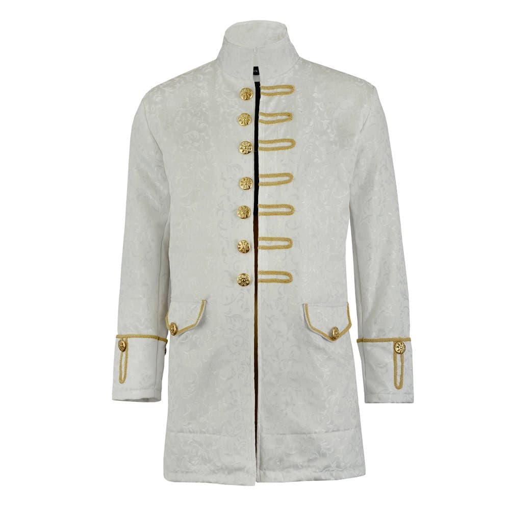 Renaissance Mens Velvet Goth Steampunk Victorian Frock Coat/Brocade White/Gold (XXX-Large, Brocade/White)