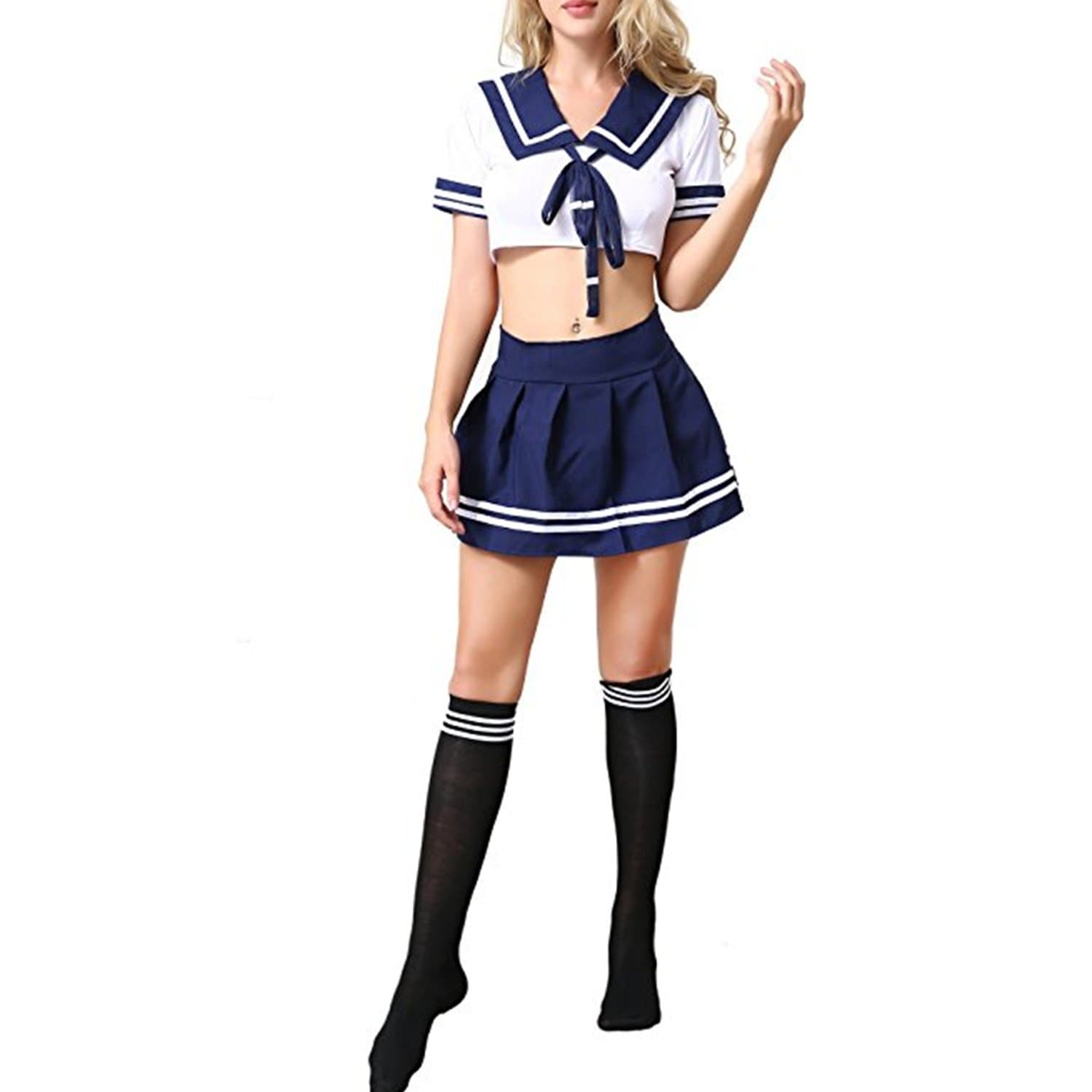 Sexy Lingerie Schoolgirls Cosplay Sailor Costumes with Socks Blue