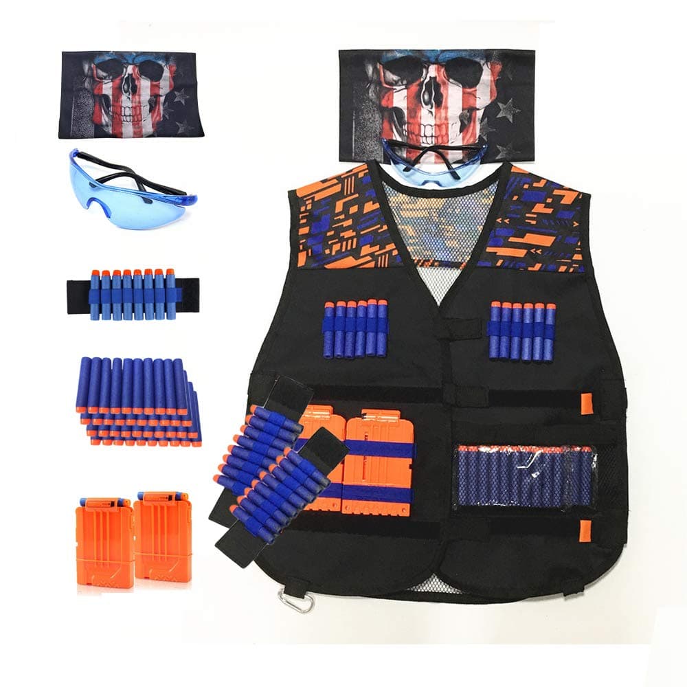 Astory Kids Tactical Vest, 47 Pack Tactical Vest Jacket Kit for Nerf Guns N-Strike Elite Series with 40 Pcs Refill Darts, 2 Dart Reload Clips, 2 Wrist Band ,1 Goggle, 1 Skull Mask for Boys, Girls
