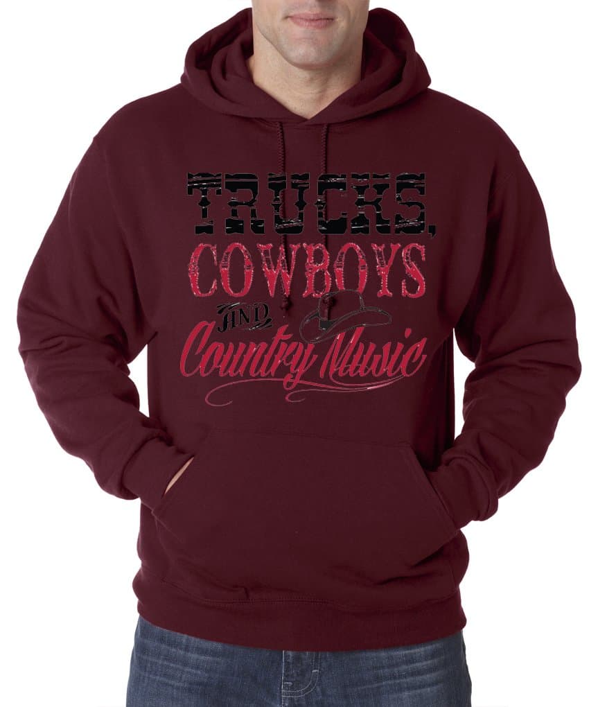 Trucks Cowboys and Country Music Funny Cute American Pullover Hoodie S-3XL - Maroon - L