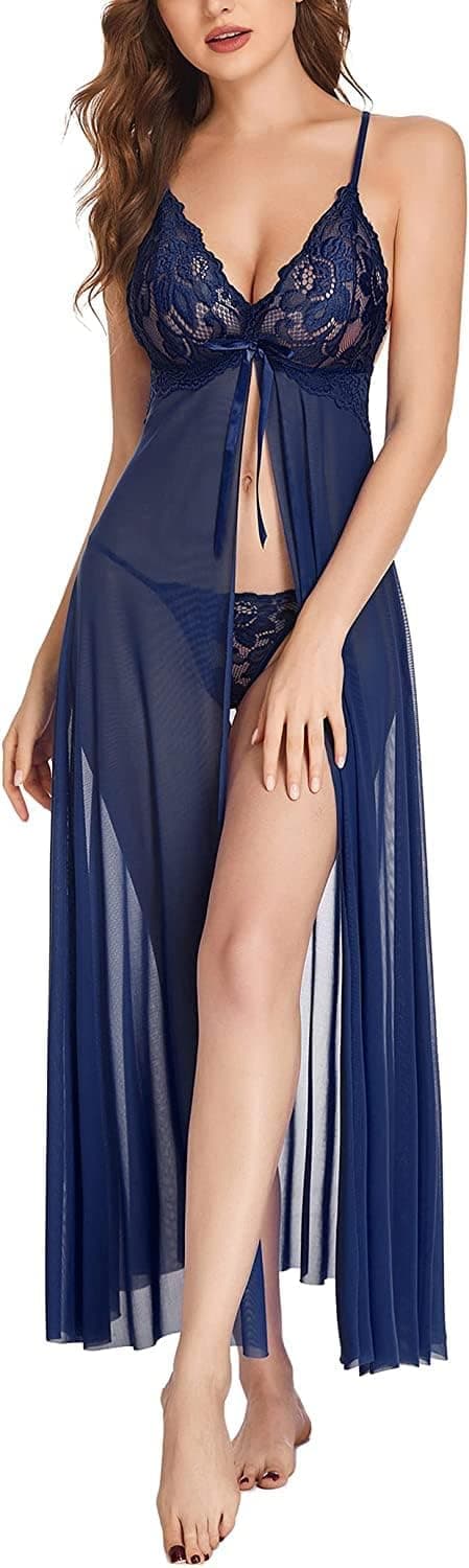 FIMBULWinston Women's Split Long Mesh Lingerie Dress Babydoll Chemise Exotic Sleepwear Side Slits