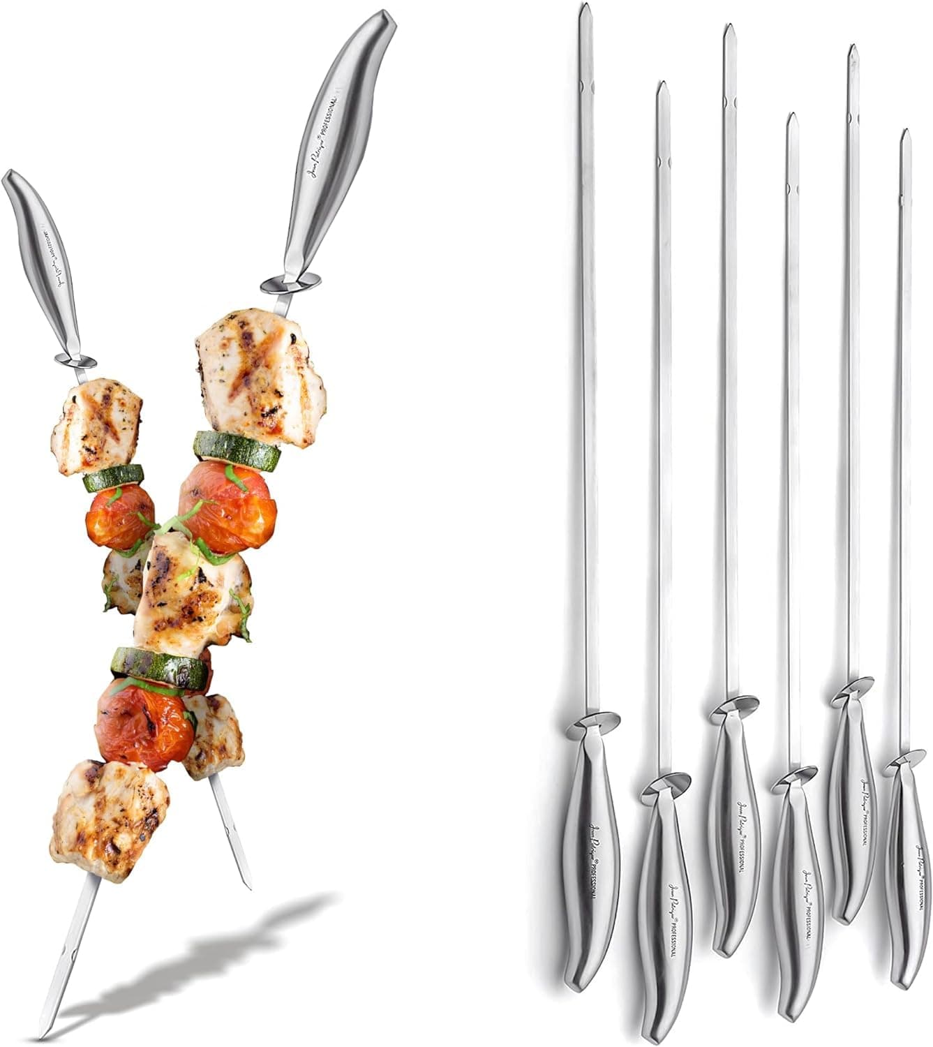 Jean-Patrique Stainless Steel BBQ Skewers for Grilling 6-Pack (16.5-inch), Reusable Kebab Skewers with Easy-Slide Disc for Grilling and Fruit