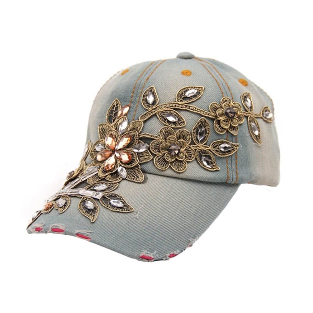 Winhurn 2016 New Denim Women Diamond Flower Baseball Cap Summer Style Lady Jeans Hats
