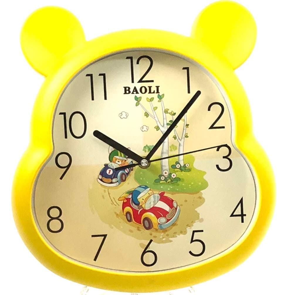Kids, Baby, Boys Room Cute Silent Non ticking Colourful Decorative Wall Clocks Easy to Read in Children's Bedroom (Yellow)