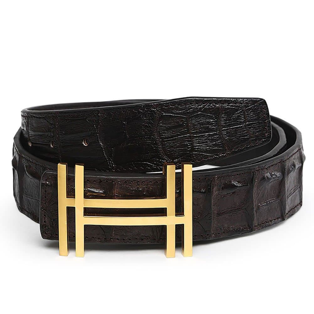 Men 's 38mm Luxury HH Top Crocodile Leather Belt (115cm/45.3inch (40-42), Black Gold)