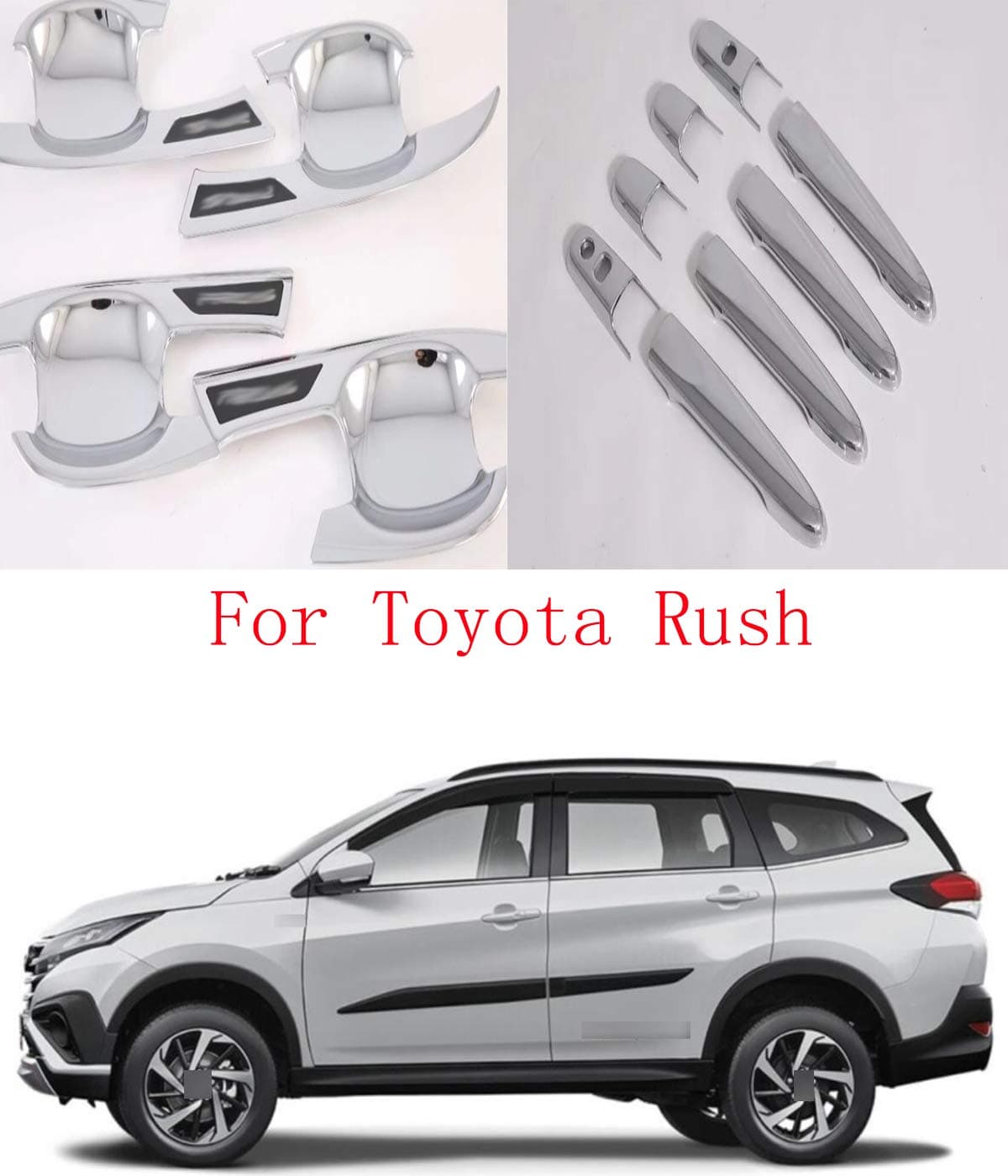/ ABS Chrome 4 Door Side Door Handle Molding Cover and Cup Bowl Combo Trim Emblems Compatible for Toyota Rush 2018 2019 2020