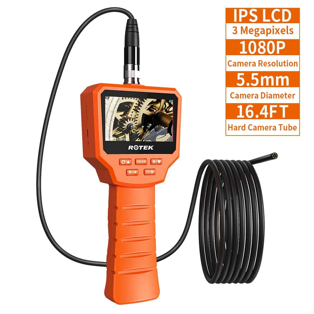 Digital Inspection Camera, ROTEK 3.0 Inch 1080P Full HD IPS LCD Screen, 3.0 Megapixels Industrial Endoscope Camera 6 LED with IP67 Waterproof Semi-rigid Handheld Video Borescope Snake Camera, 5 Meter