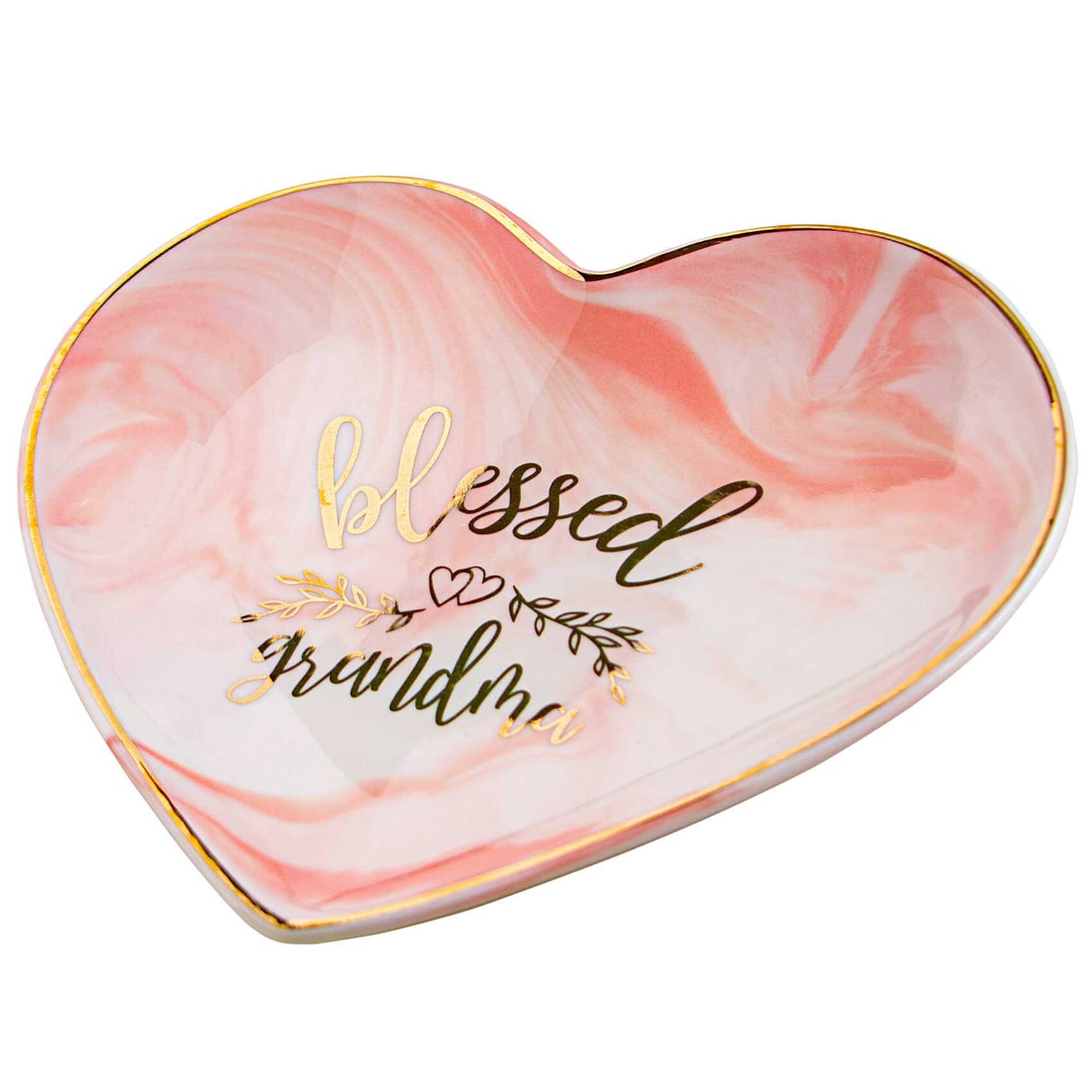 VILIGHT Blessed Grandma Gifts for Grammy from Granddaughter and Grandson - Nana Grandmother Jewelry Tray Candy Dish - Pink Marble Heart 5.5 Inches