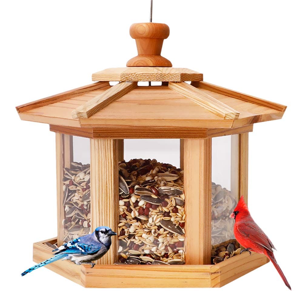 Solution4Patio Bird Feeder for Outdoors - USA Cedar Hexagon Gazebo Bird Feeders with Vented Mesh Tray, Easy-Clean & Fill Design 9.6" Dia. X 8.7" H 3.2-lb Capacity