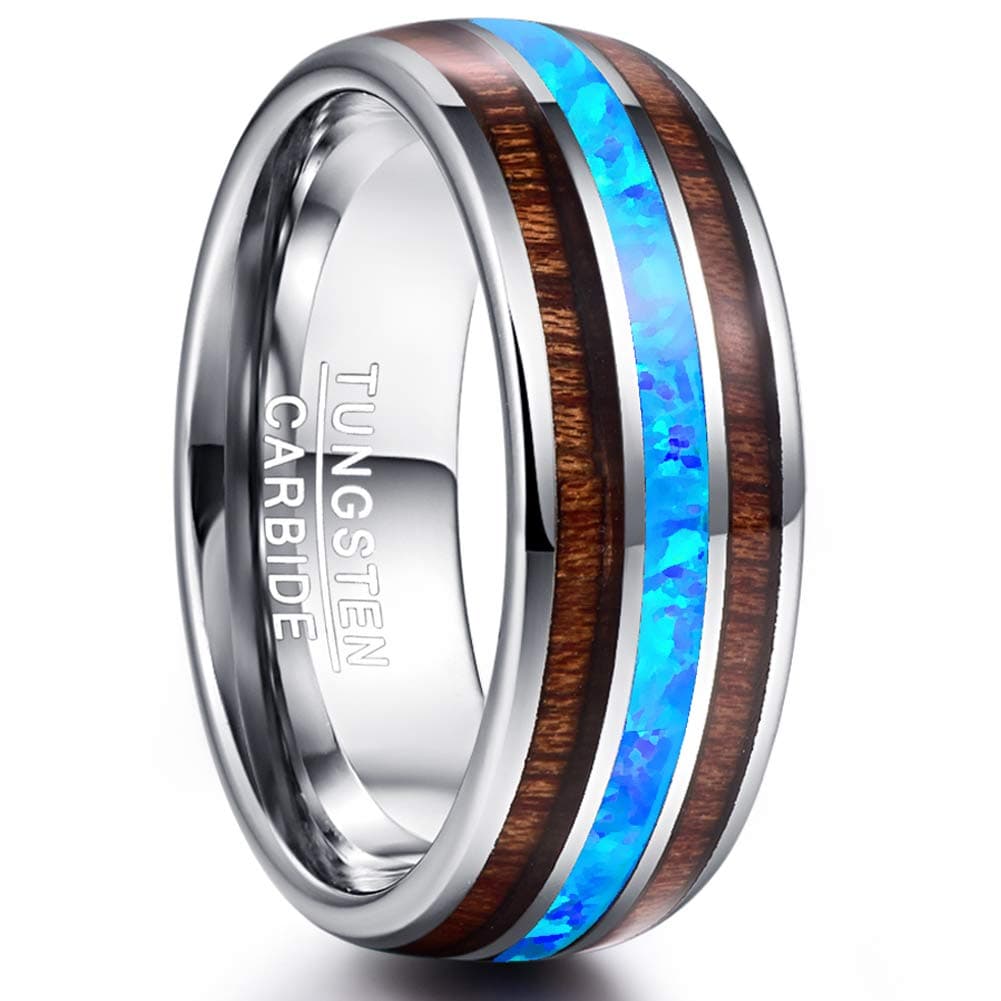 VAKKI6mm 8mm Hawaiian Koa Wood and Blue Opal Inlay Tungsten Carbide Ring Domed Band Comfort Fit Size 6-14