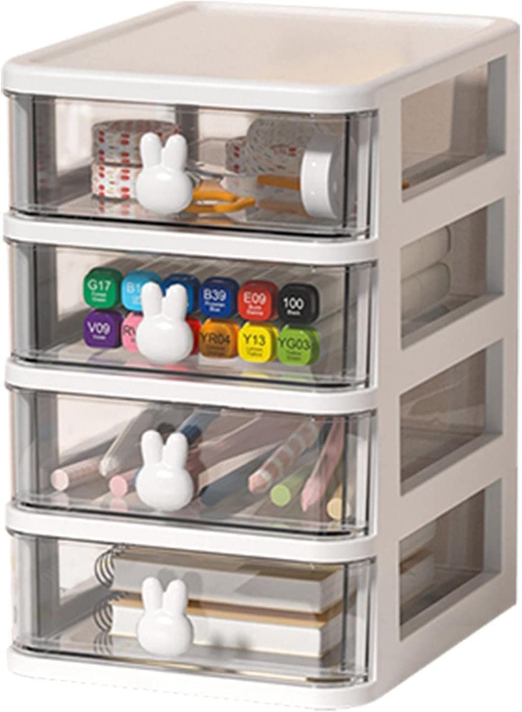 House of Quirk 4 Tier Transparent Cosmetic Jewelry Box, Office Desktop Drawer Storage Box, Plastic Multi-Layer Small Storage Box (White)