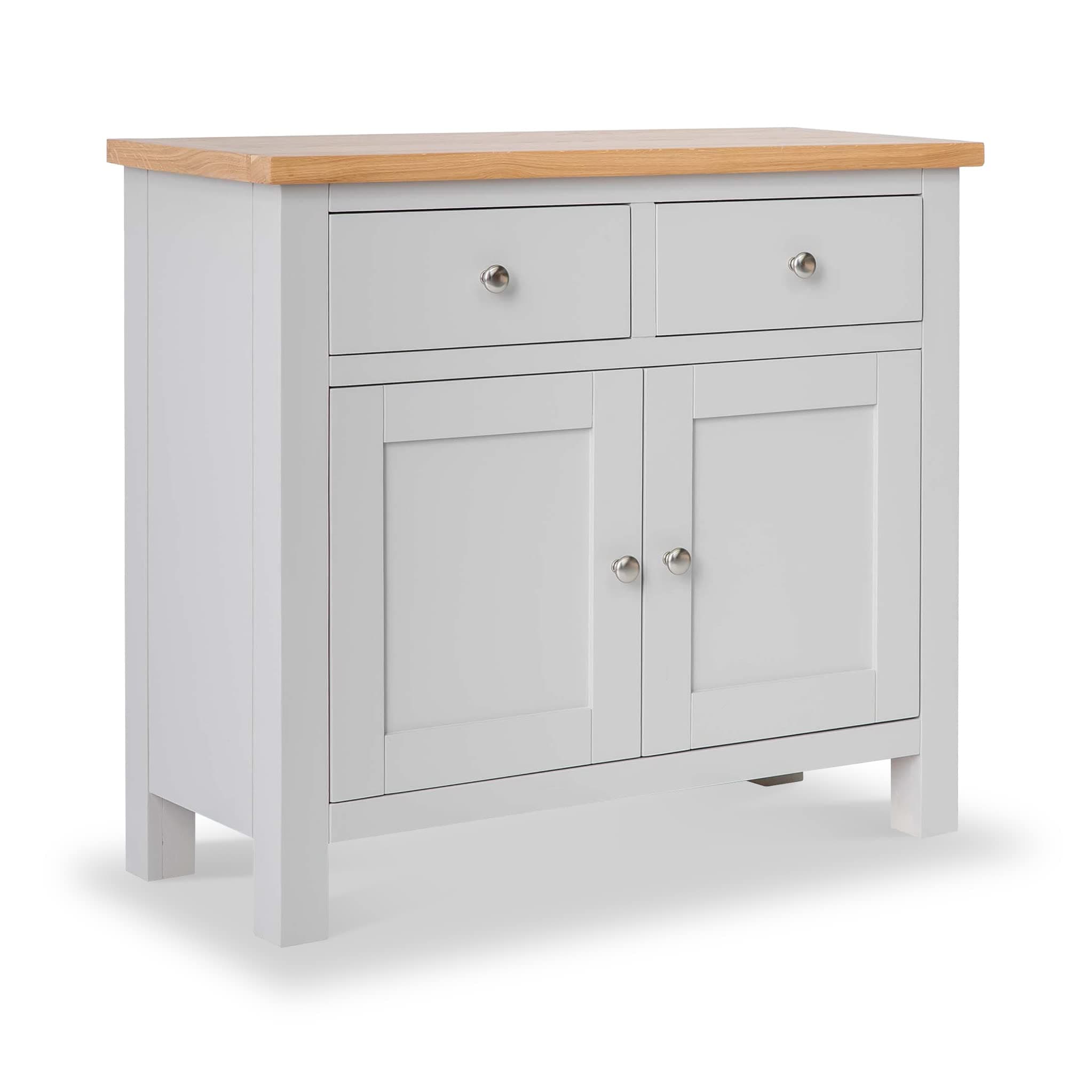 RoselandFurniture Farro Grey Small Sideboard for Living Room | Fully Assembled Painted Storage Cabinet Solid Wood 2 Door Cupboard with 2 Drawers and Oak Top for Kitchen, Dining Room or Hallway