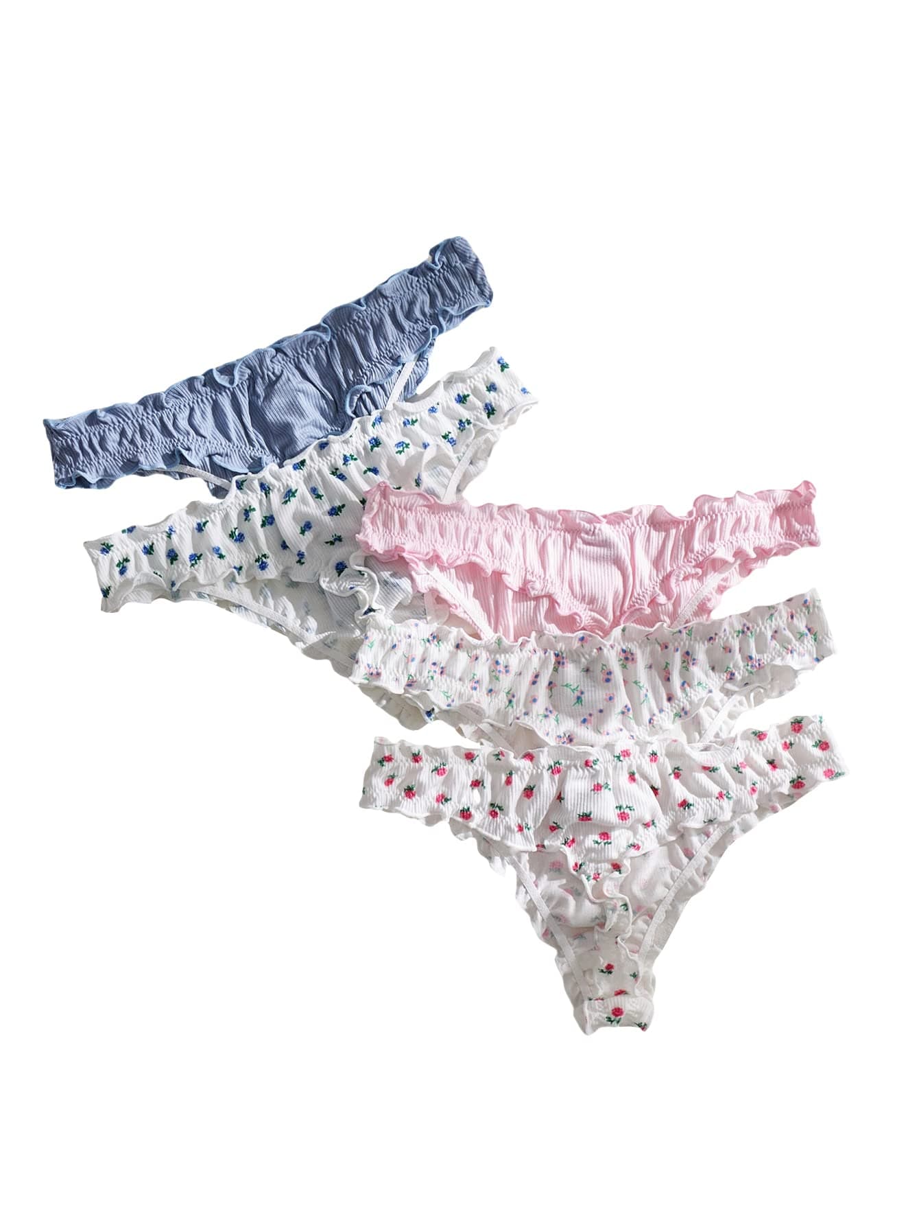 COZYEASEWomen's 5 Piece Sets Floral Print Lettuce Trim Low Rise Panty Cute Underwear