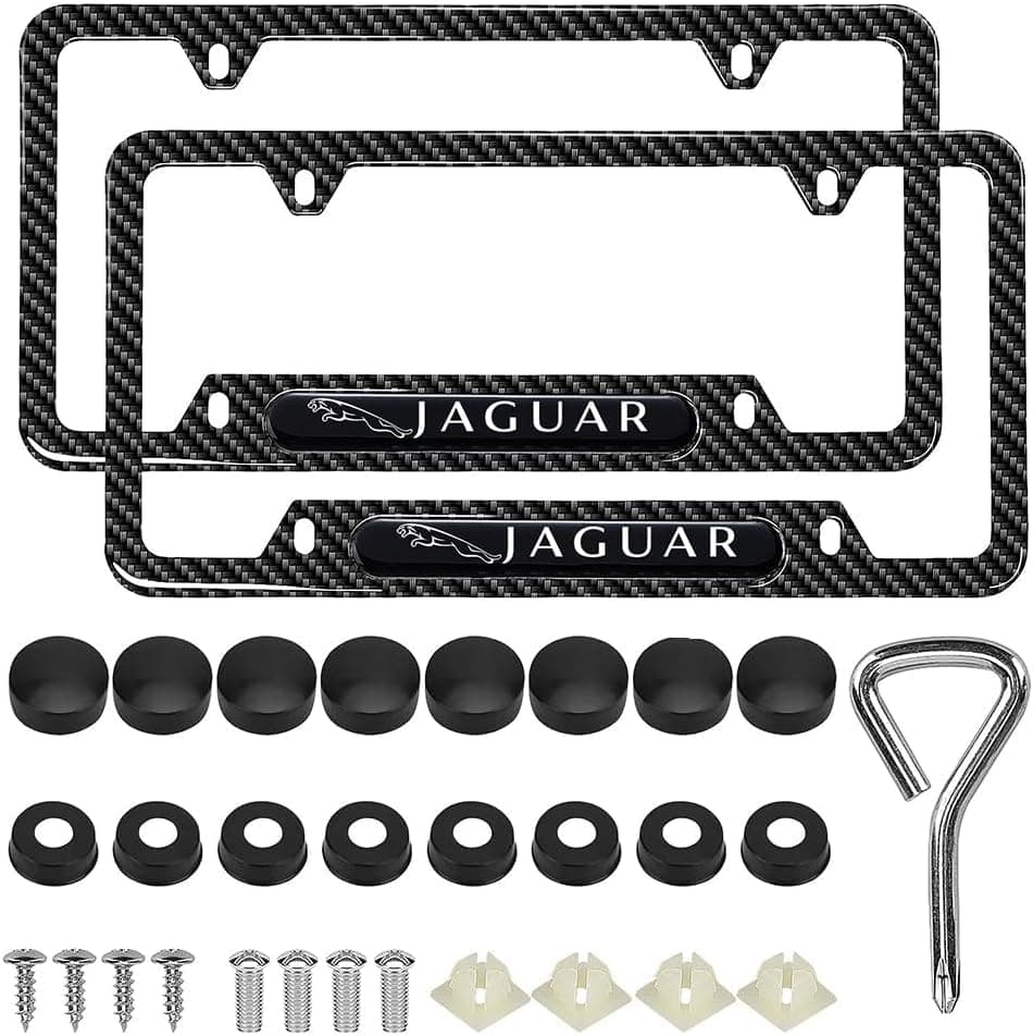 2pcs Aluminum Alloy License Plate Frames for Jaguar,Carbon Fiber License Plate Frame,4 Holes Aluminum Alloy Weather Proof License Plate Cover with Fasteners, Screws, Valve Caps and Tool (JAG-02)