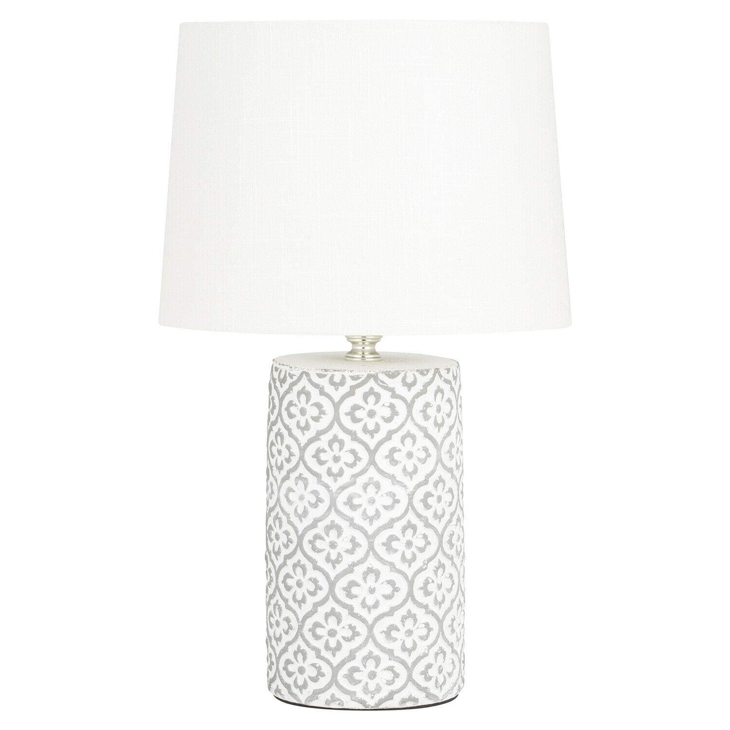 EEMKAY New Unique Vintage Quatrefoil Moroccan Inspired Pale Grey Table Lamp Light White Shade