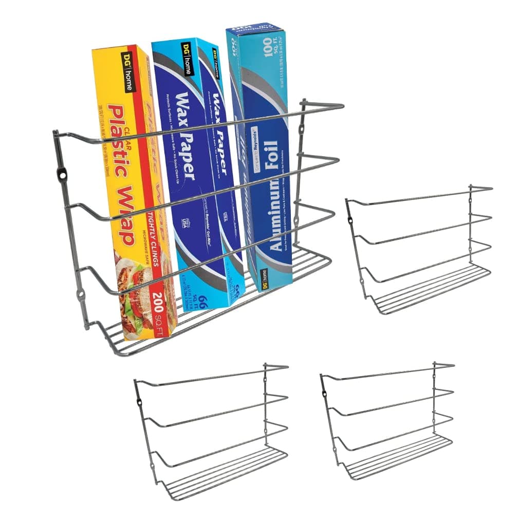 Evelots Kitchen Wrap Organizer - 4 Pack - Hold up to 4 Plastic, Foil, Paper, Wax - Cabinet Door, Wall Rack Basket - Sandwich, Freezer, Food Bag Storage - Laundry Supplies - Chrome Finished Metal