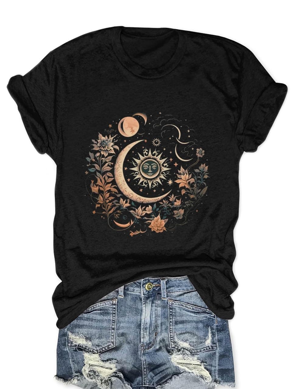 Women Mystic Moon and Sun Flower Shirt Boho Wildflower Celestial Moon Graphic T Shirts Short Sleeve Tops