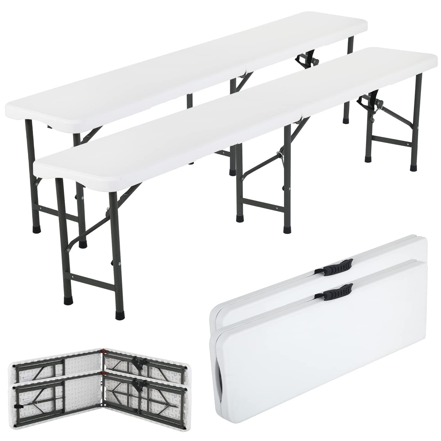 Dkelincs Folding Bench 6 ft | Portable Plastic Outdoor Benches | Picnic Camping Folding Chair with Carrying Handle for Picnic Camping Dining Party, White(2 Pack)