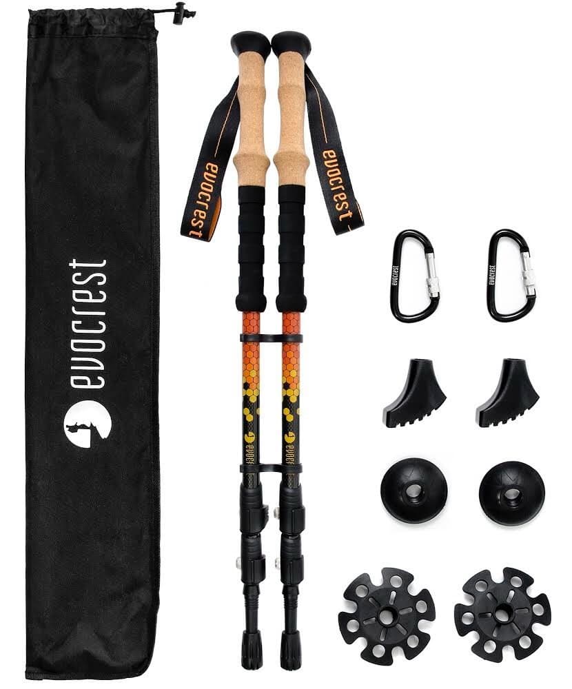 Carbon Fiber Trekking Poles - Collapsible, Shock Absorbent, Ultra Lightweight Hiking Walking Sticks - Quick Locks, Cork Handle - All Terrain Accessories Included