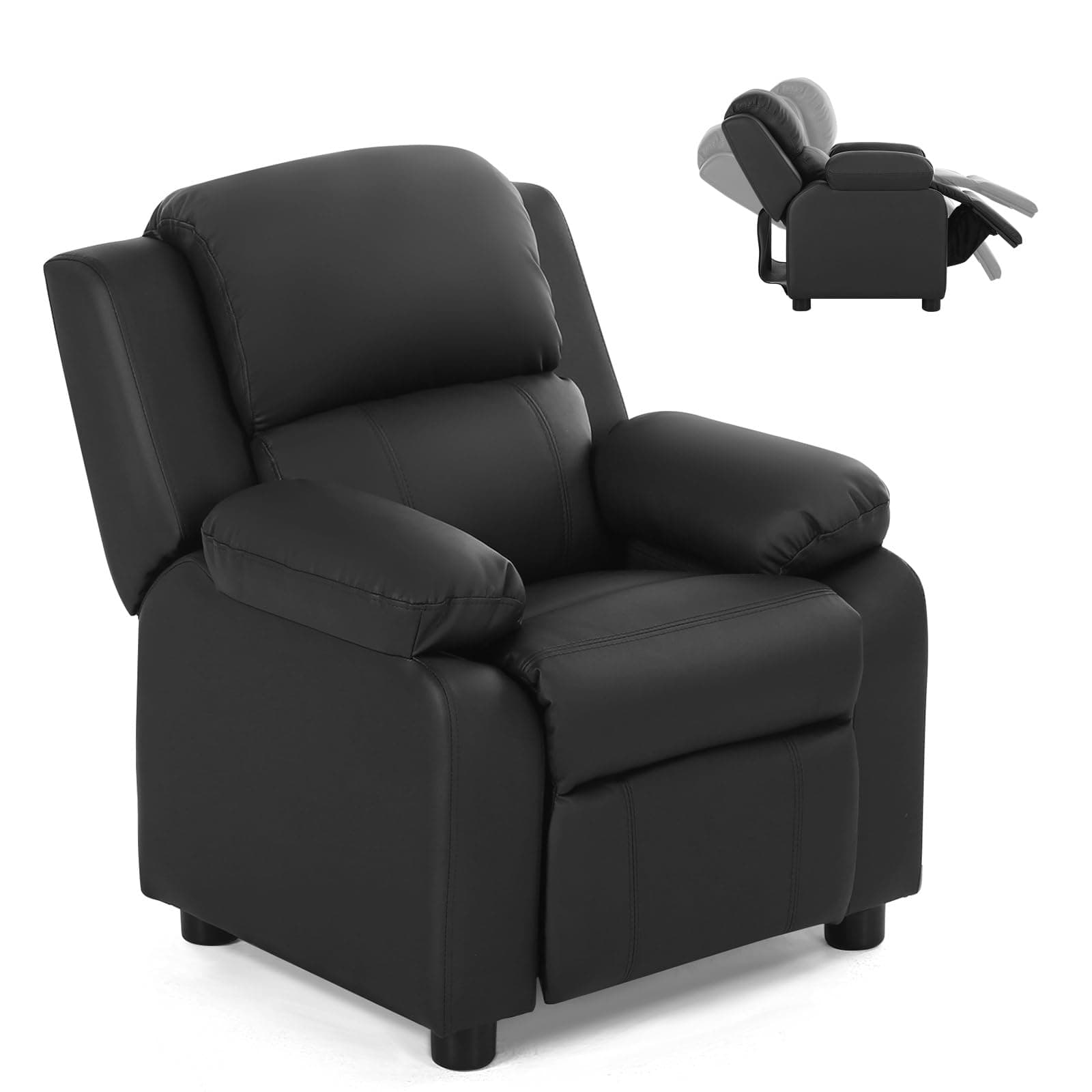 Costzon Kids Recliner, Leather Recliner Chair w/Footrest, Armrest Storage, Headrest & Lumbar Support, Ergonomic Lounge Chair for Living & Gaming Room, Adjustable Recliner Sofa for Boys Girls (Black)
