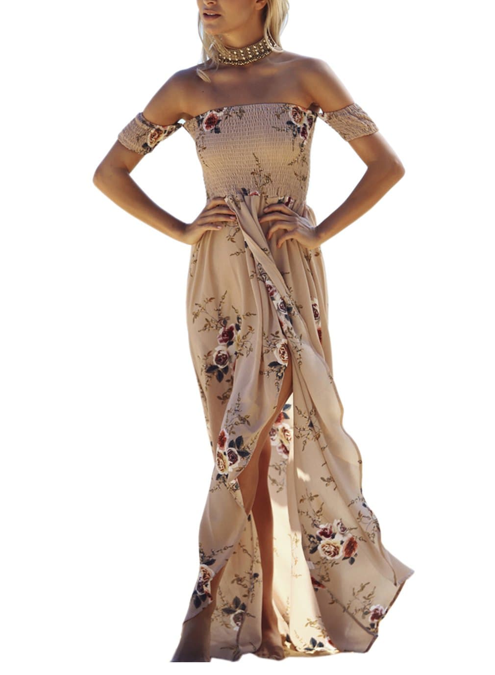 Women's Sexy Summer Dress Strapless Split Maxi Beach Dress Off Shoulder Floral Print Dress (S, 011-Kaqi)