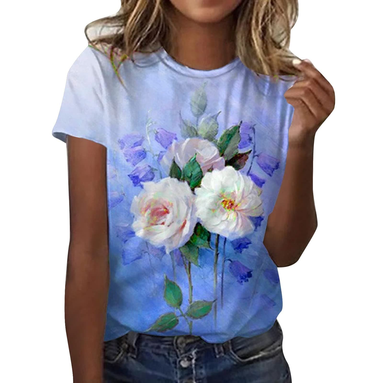 Summer Tops for Women 2023 Trendy, Womens Short Sleeve Shirts Floral Print Tops Crew Neck Date Night Outfit