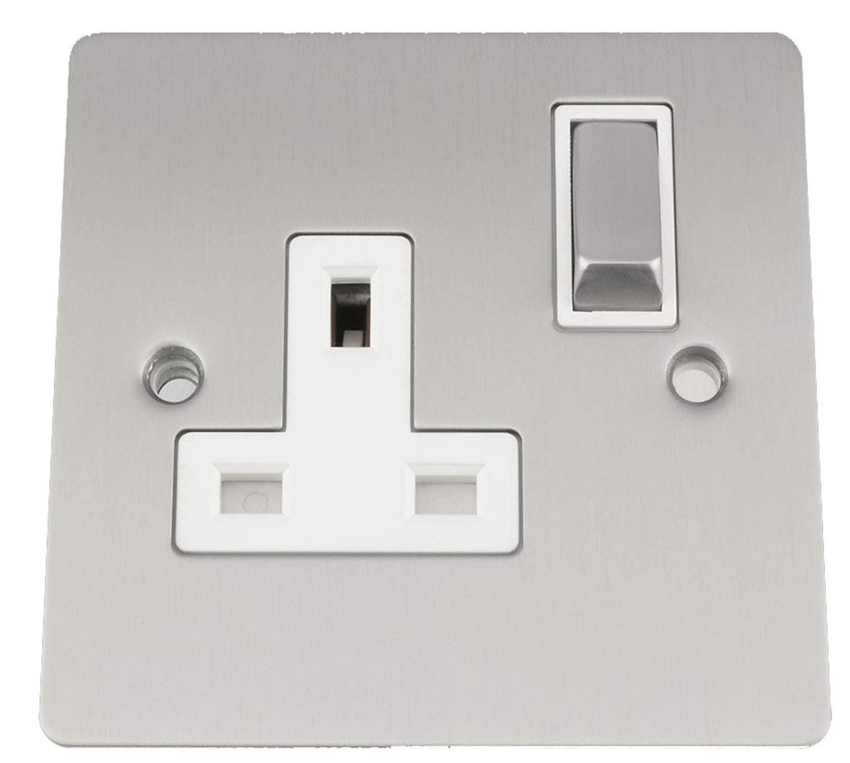 Single Plug Socket 1 Gang 13A -Satin Matt Chrome -Flat -White Insert -Metal Rocker Switch