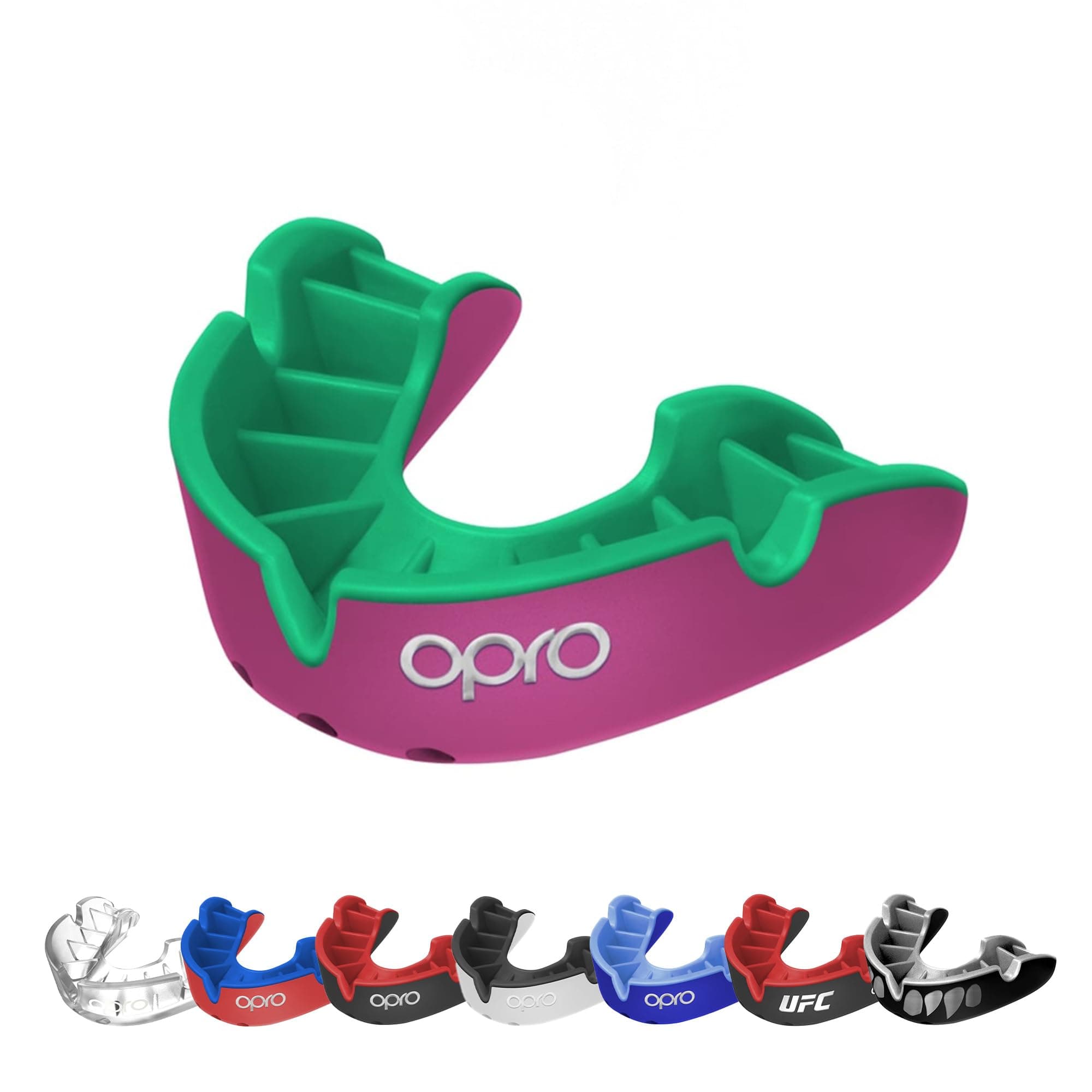 OPRO NEW Silver Level Adult and Youth Sports Mouthguard With Case, Gum Shield Featuring Revolutionary Fitting Technology for Hockey, Rugby, Boxing and Contact and Combat Sports (Pink/Green, Adult)