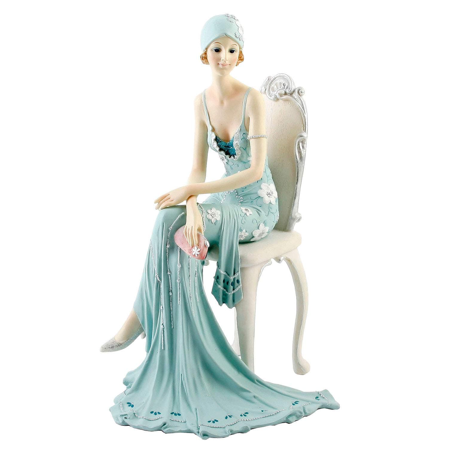 Art Deco "Chloe" Sitting Lady Right Teal Glitter Dress Figurine Ornament