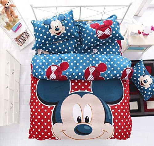 Soft Cartoon Printing 4pc Duvet Cover Set Disney Mickey Minnie Bed Sheet Polyester Bedding Set Comforter Cover flat Sheet pillowcase (Red and Blue, Queen)
