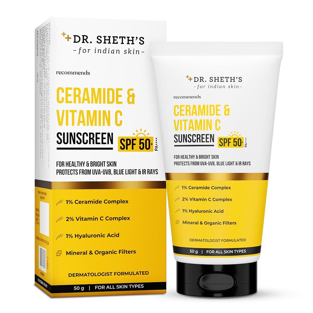 Dr. Sheth's Ceramide & Vitamin C Sunscreen In-Vivo Tested Protects, Moisturizes & Brightens Skin SPF 50+ PA++++ Lightweight, Leaves No White Cast 50 g