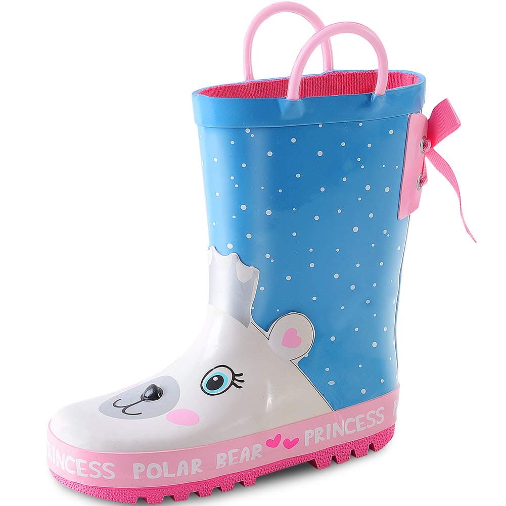 Girls Rain Boots Fun Printed Rubber Boot with Easy-On Handles for Toddler/Little Big Kids, Mouse, 1 US Big Kid