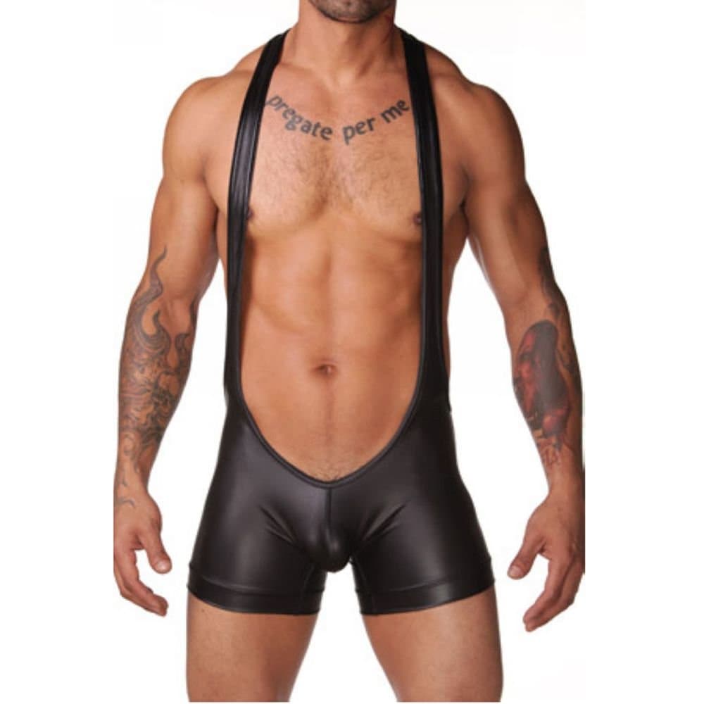 Imigao Men Sexy Wrestling Singlet Faux Leather Underwear Lingerie Bodysuit Pants