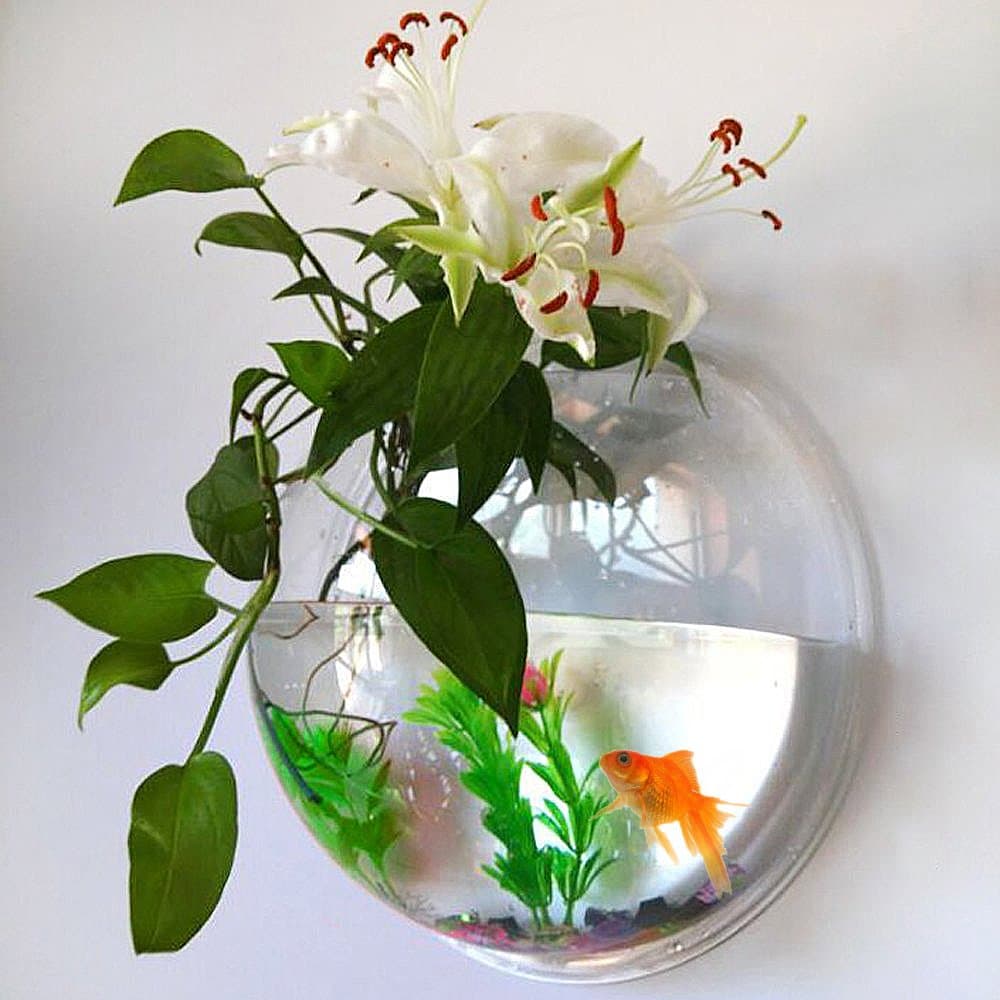 UniqCollection Fish Bowl Acrylic - Fish Bubble Wall Mounted Aquarium Bowl Hanging Pet Fish Tank Holds up to Approx 1.2 Gallon Water - Fake Plant and Stone Decoration Included