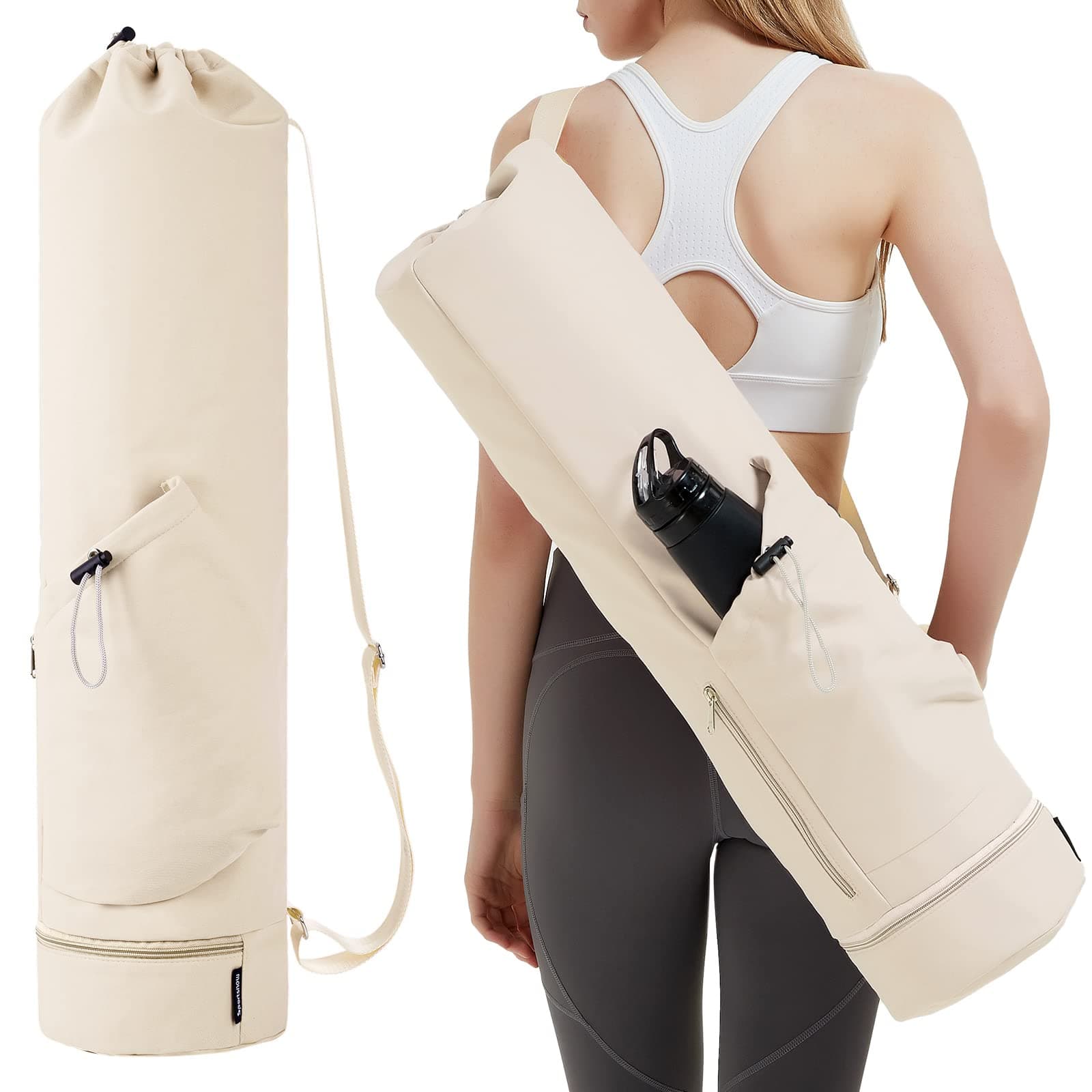 sportsnew Yoga Mat Bag with Water Bottle Pocket and Bottom Wet Pocket, Exercise Yoga Mat Carrier Multi-Functional Storage Bag, Beige