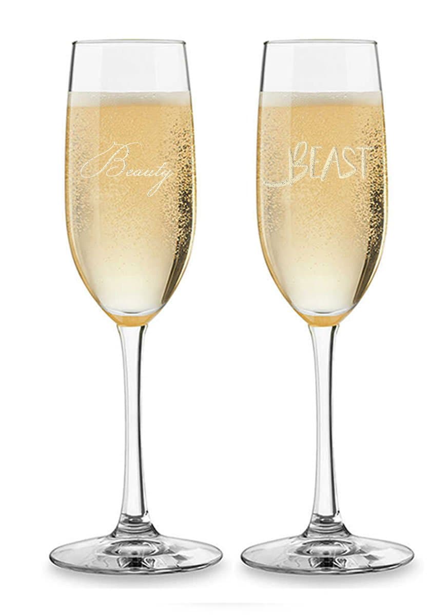 Champagne Flute - Beauty and Beast Crystal Glasses for Toasting - Laser Etching - Set of 2