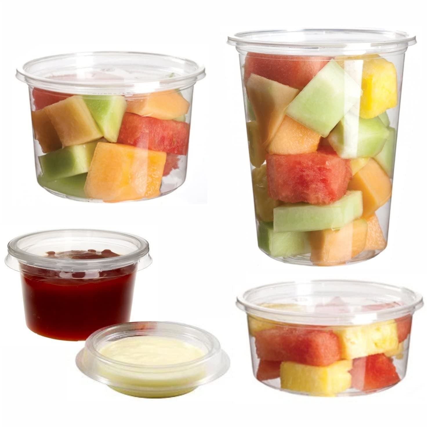 Delipak50 x Deli Pots Clear Containers Fridge Dishwasher Microwave Food Safe, 2oz, 4oz, 8oz, 12oz, 16oz, 32oz (8oz With Lids)
