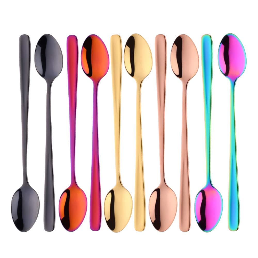 BISDARUN Latte Spoons 18/10 Stainless Steel Long Handle Dessert Spoon Sundae Spoon Set of 10(5 Color) Cappuccino Spoons Coffee Teaspoon 20 CM/7.9 Inch