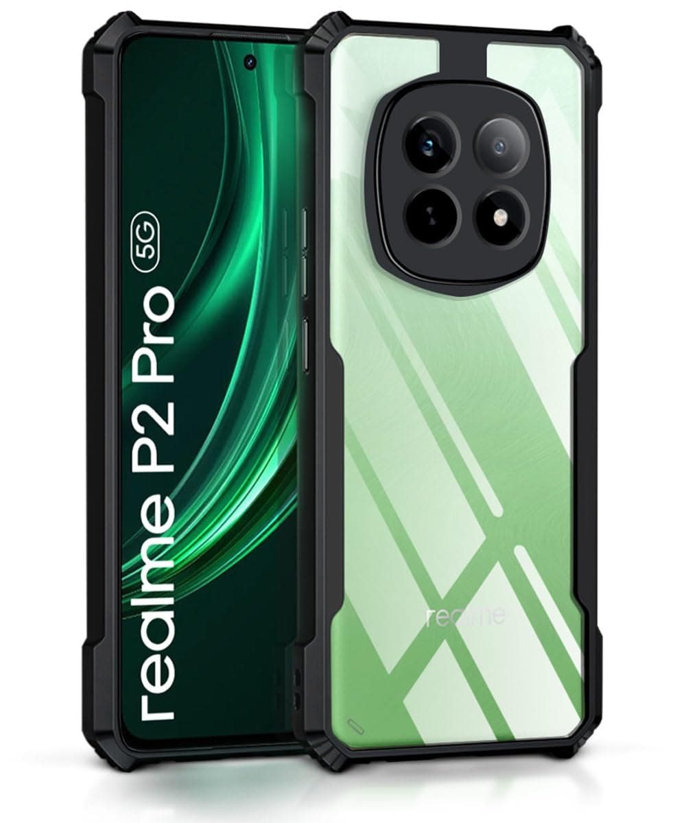 WOW IMAGINE TPU+PC Shock Proof Clear Protective Back Case For Realme P2 Pro 5G - Airedge Technology | 360 Degree Camera Protection | Transparent Hybrid Back Case Mobile Cover - Black