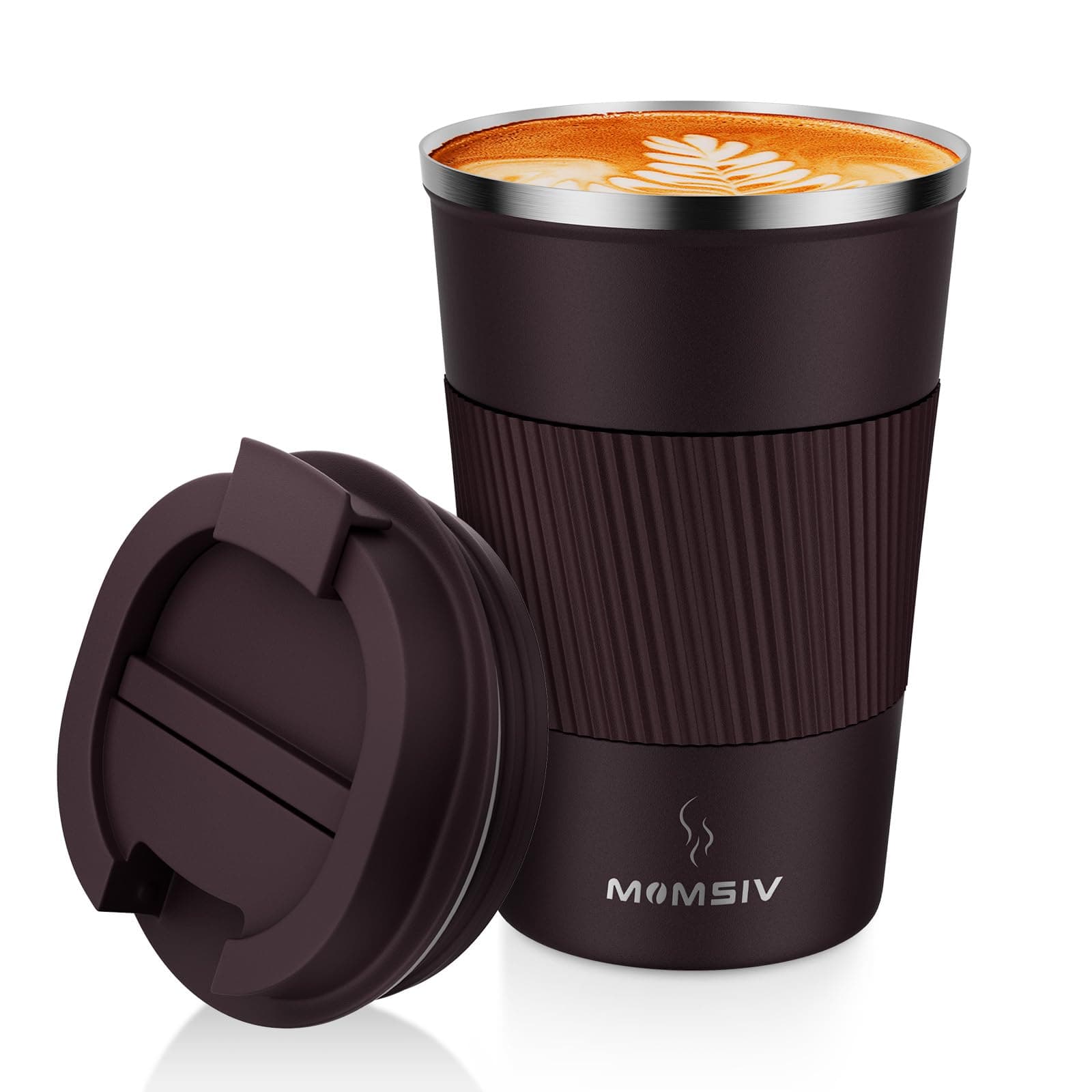 MOMSIV Coffee Cup, Insulated Coffee Cup with Leakproof Lid, Non-Slip Vacuum Reusable Stainless Steel Eco-Friendly Travel Office Mug for Hot and Cold Water Coffee and Tea, 380ml/13oz(Brown)
