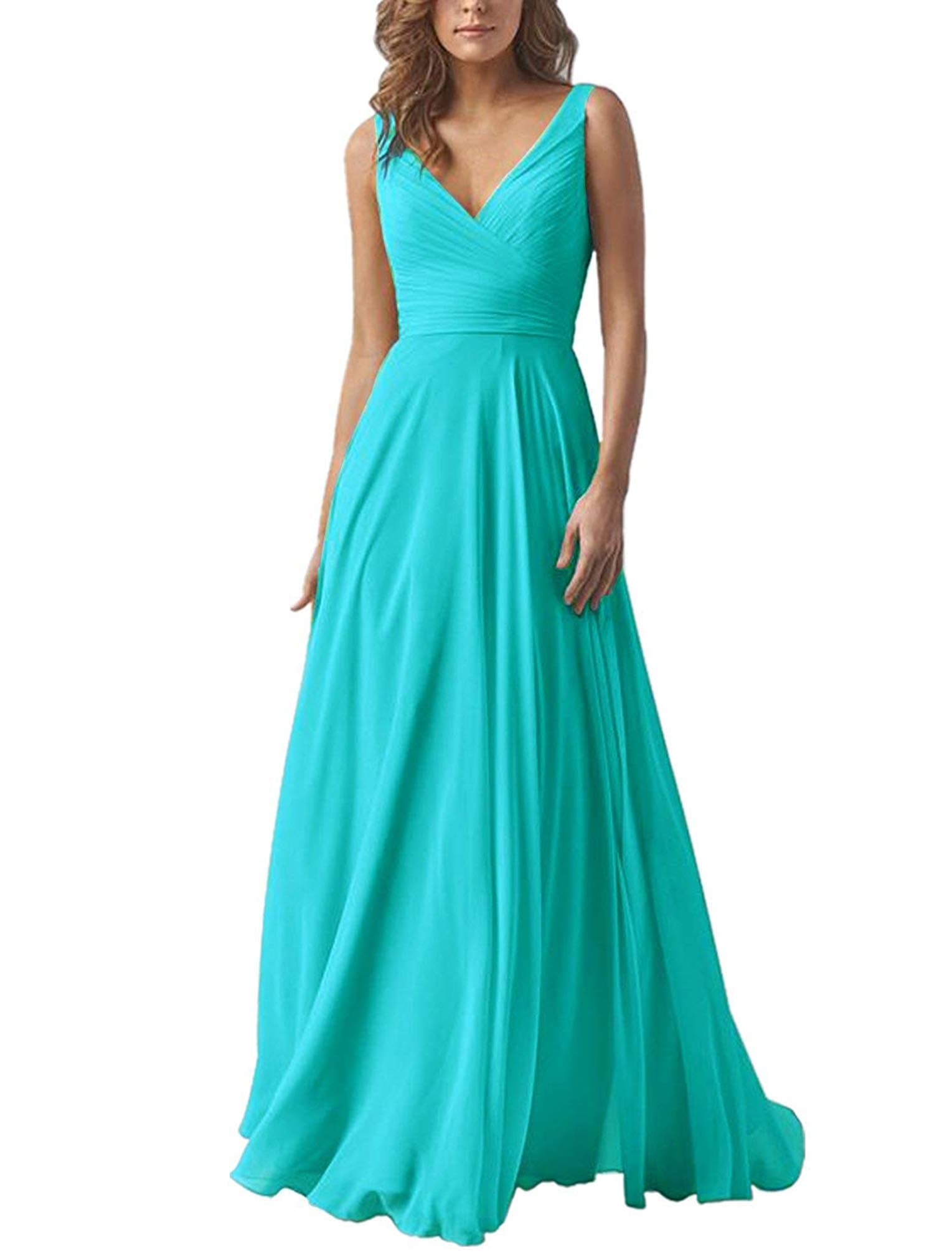 Women's V-Neck Chiffon Bridesmaid Dress Long A-line Formal Evening Prom Gowns