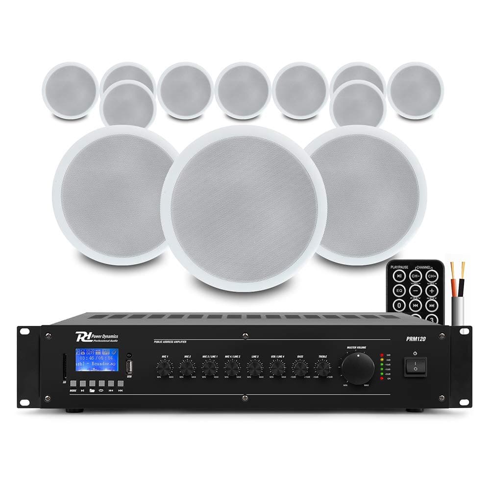 Power Dynamics Commercial Ceiling Speaker System with Bluetooth Amplifier - Complete Restaurant, Office & Warehouse Background Music PA Kit, 12 x 5.25 Speakers, MP3 Media Playback, Microphone Input