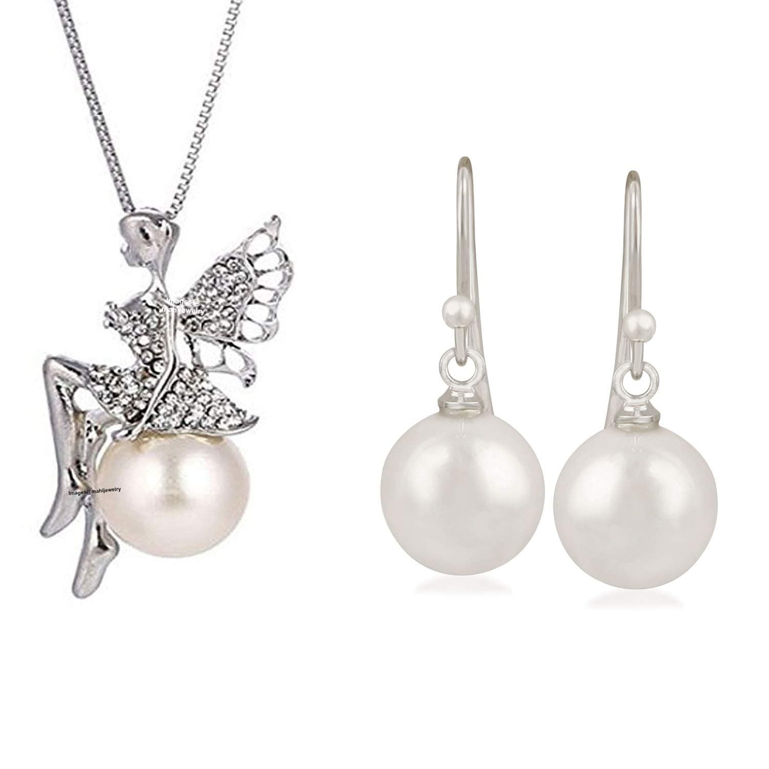 Oviya Combo of Artificial Pearl Fish Hook Earrings and Angel Wings Pendent for Girls and Women CO2104896R