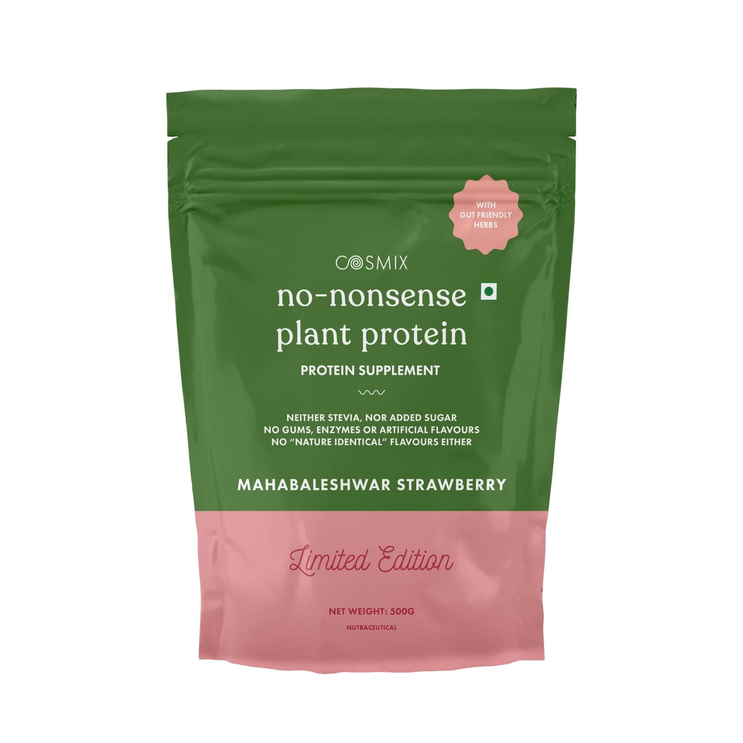 Cosmix No-Nonsense Plant Protein | 23 Protein/Serve, 500g Pouch | Mahabaleshwar Strawberry | Plant Based Protein, Pea & Rice Isolate | Clean, Easy to Digest | All Essential Amino Acids