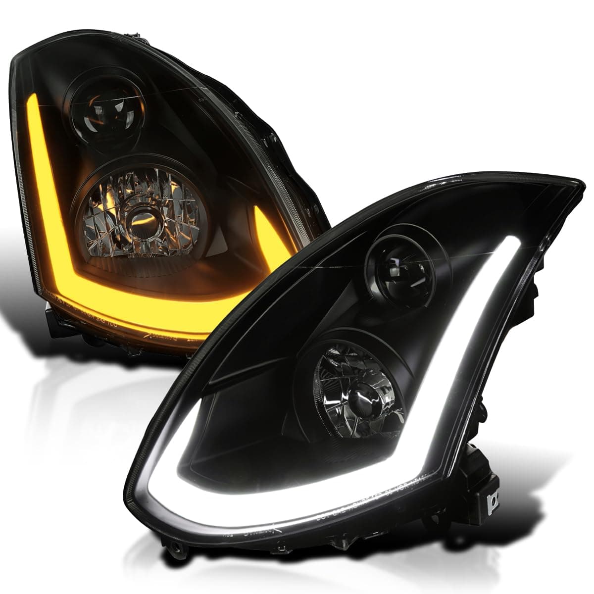 Black Smoke Projector Headlights w/Sequential LED Strip Compatible with 2003-2007 Infiniti G35 Coupe, Left + Right Pair Headlamps Assembly